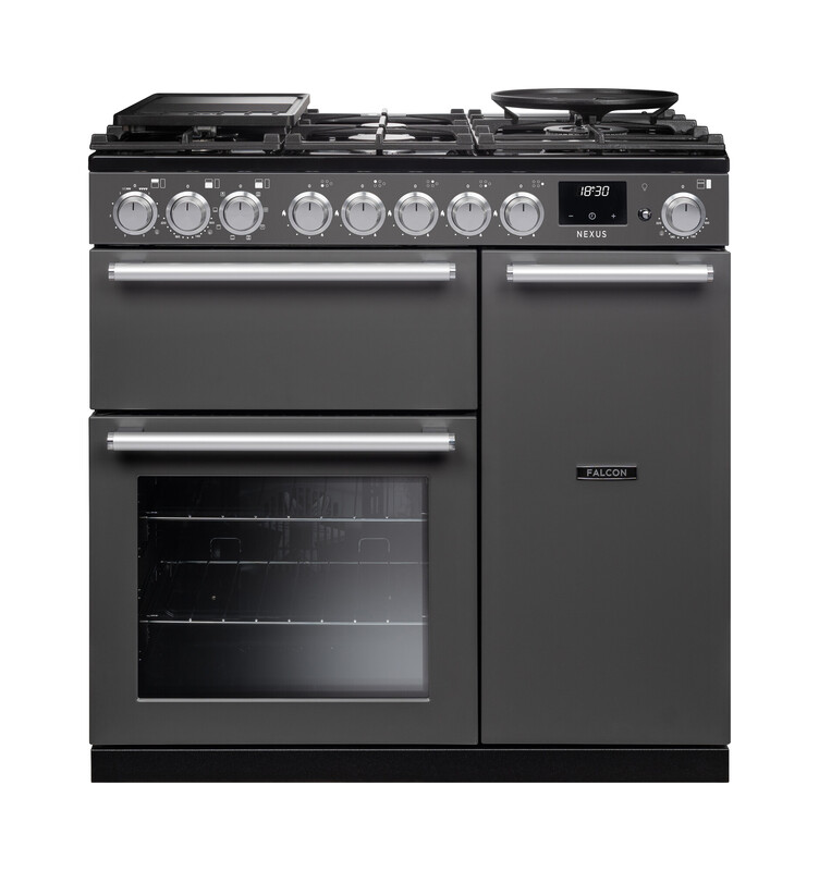 Falcon Nexus Standherd in Graphitgrau mit 5-flammigem Gas-Kochfeld, Warmhalteplatte, Digitalanzeige, großem Backofen mit Sichtfenster, Zweitofen und Grill – hochwertiger Range Cooker für die Küche