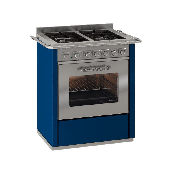 Standherd mit Gas-Kochfeld und Backofen, Edelstahlfront, blaues Design Blauer Standherd mit vierflammigem Gas-Kochfeld und großem Backofen, Edelstahlblende und Ofentür mit Sichtfenster