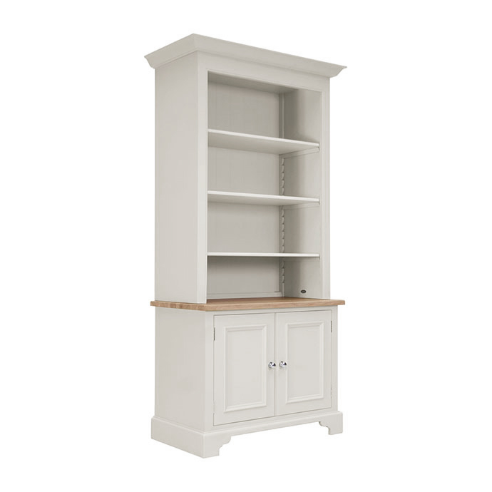 Weißes Regal mit Schrank und Holztop, Landhausstil, mit drei verstellbaren Regalböden und zwei Türen, ideal für Wohnzimmer oder Küche Weißes Regal im Landhausstil mit drei offenen Regalböden und Unterschrank mit zwei Türen und Holztop