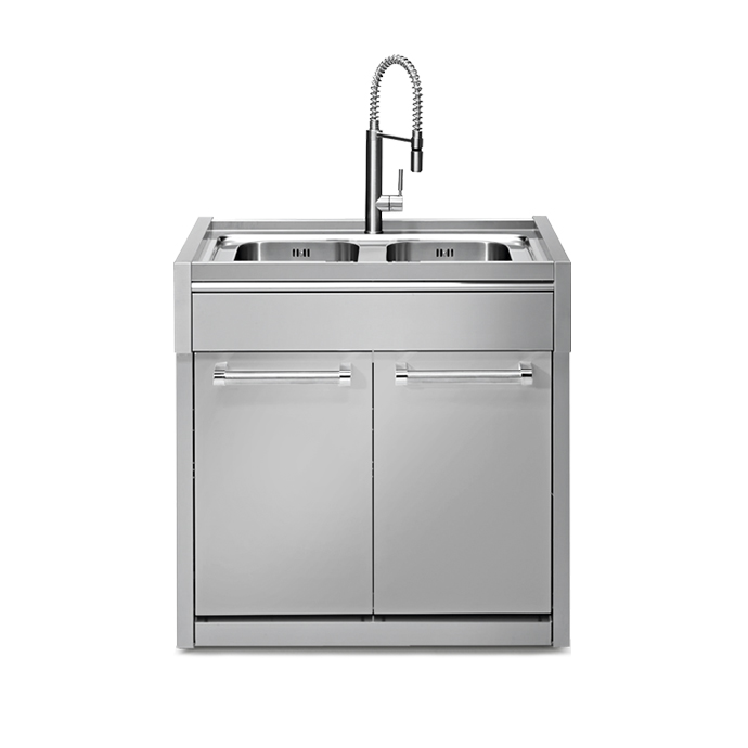 Moderner Spülenschrank aus Edelstahl mit zwei Becken und praktischer Profi-Armatur, ideal für Küchen oder Gastronomiebetriebe