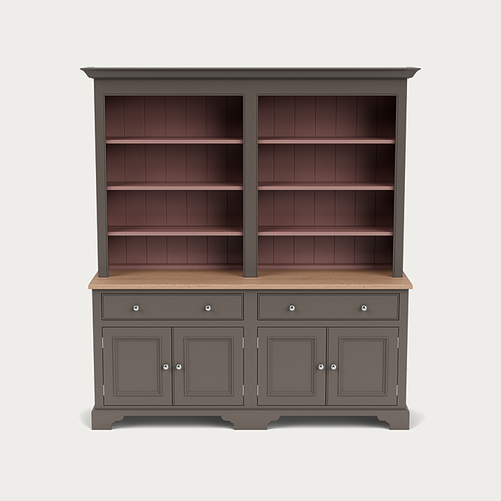 Neptune Chichester Open Dresser – offene, handlackierte Massivholz-Anrichte mit Eichenplatte: zwei offene Regalfächer mit Tellerrillen, unten Schubladen & Türen. Englischer Landhausstil, ca. 5 ft – ideal für Geschirr und Deko.