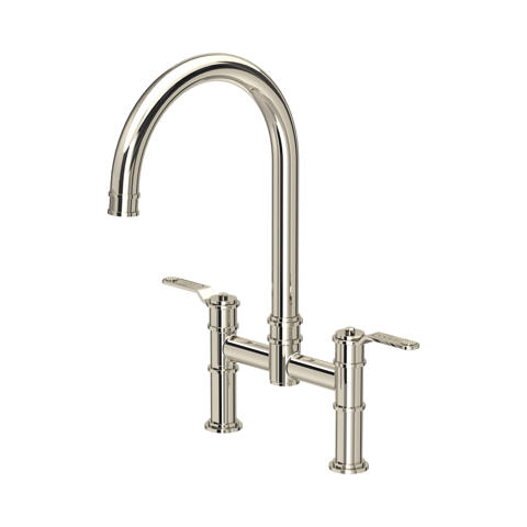 Zweigriff-Küchenarmatur als Brückenarmatur mit schwenkbarem Hochbogen-Auslauf, polierter Nickel-Look, für Spülbecken; klassisches Design, separate Warm-/Kaltwasser-Bedienhebel