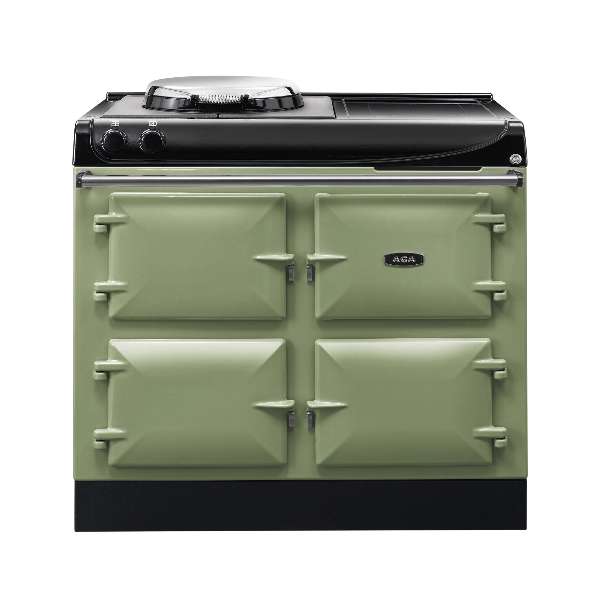 AGA Herd in Pastellgrün mit vier Backofenklappen und Kochfeld – traditioneller Design-Küchenherd Grüner AGA Herd mit vier Ofentüren und schwarzem Kochfeld, klassisches Design für die Küche