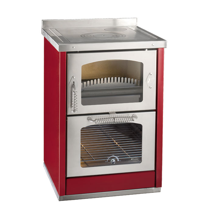Moderner Holzherd mit Edelstahlfront und Backofen, freistehend, rot Abbildung eines modernen, roten Holzherds mit Edelstahlfront, integriertem Backofen und Sichtfenster