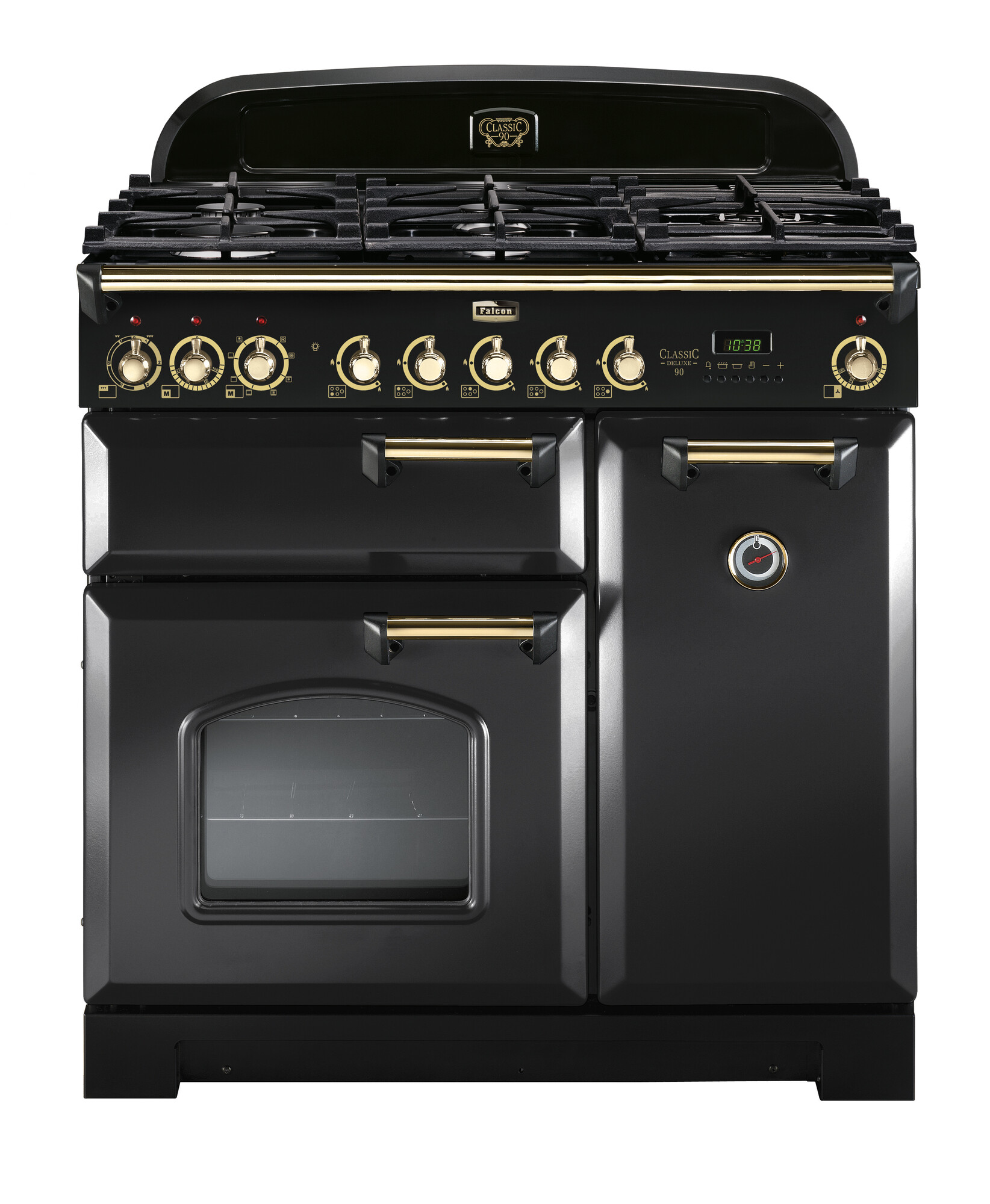 Schwarzer Range Cooker mit mehreren Öfen, Gasherd und goldenen Drehknöpfen