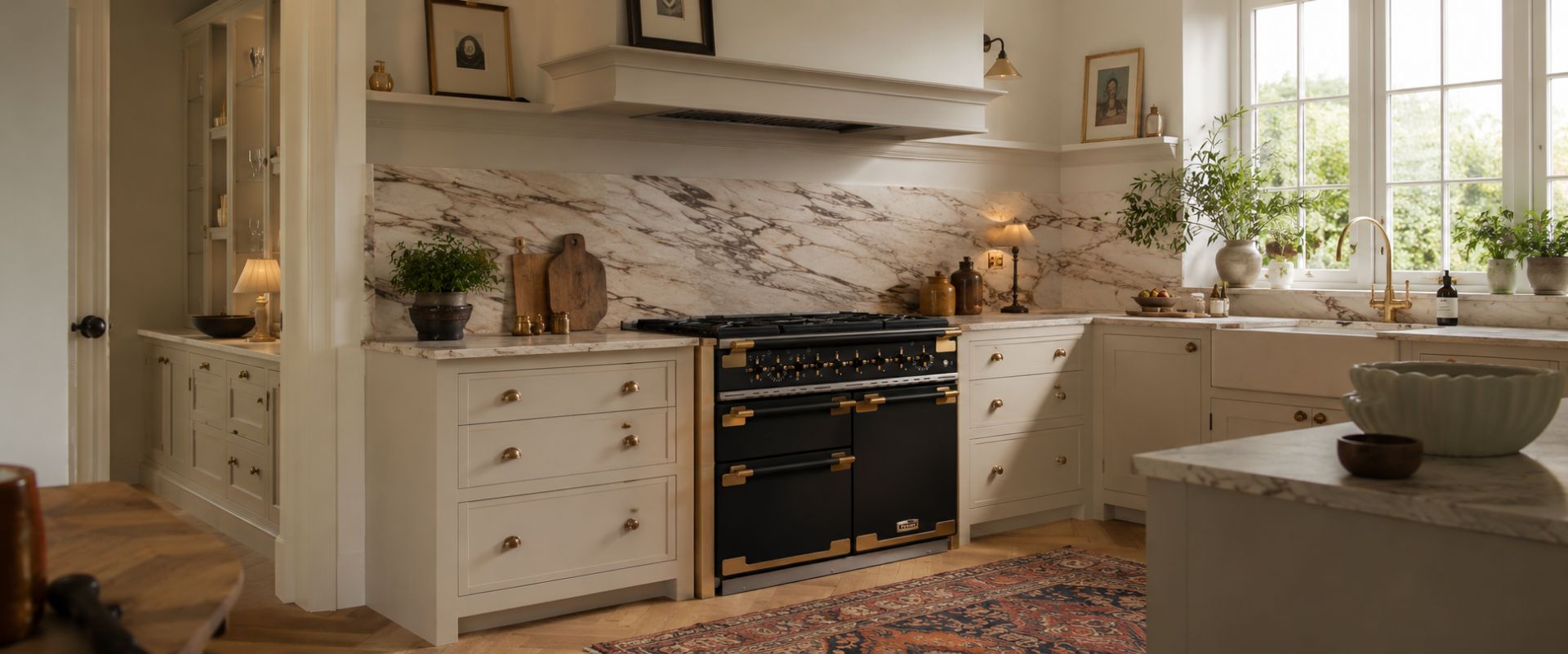 Elegante Landhausküche mit freistehendem Range Cooker in Schwarz und Messing, cremefarbenen Schränken sowie Marmorarbeitsplatte und -rückwand; zeigt den Herd im realen Einsatz