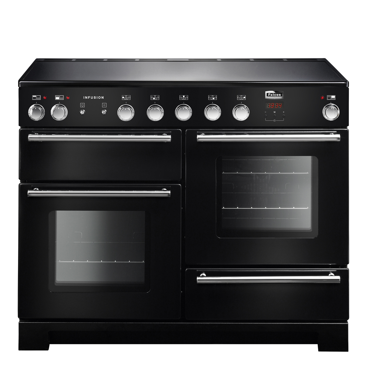 Schwarzer Falcon Infusion Range Cooker mit mehreren Backöfen, Kochfeldern und Bedienknöpfen, freistehend