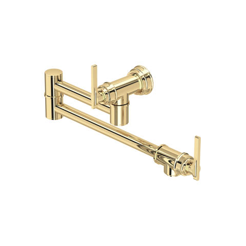 Goldene Topffüller-Wandarmatur aus poliertem Messing mit doppelgelenkigem Schwenkarm und zwei Hebeln – ideal zum Befüllen von Töpfen am Herd