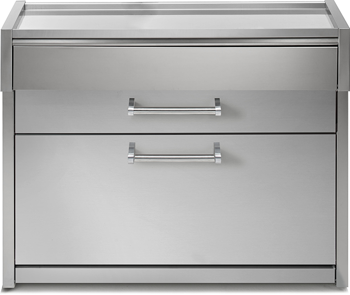 Edelstahl Outdoor-Küchenschrank mit zwei Schubladen und robusten Griffen Moderner Edelstahlschrank für die Außenküche, ausgestattet mit zwei geräumigen Schubladen und stilvollen Griffen