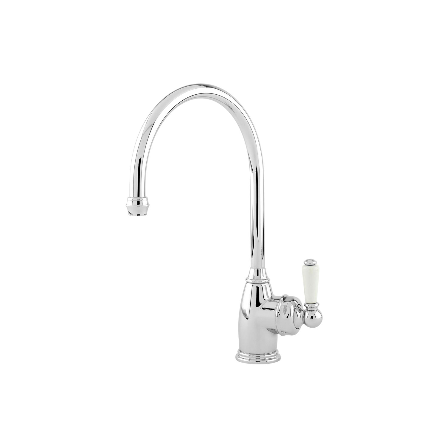 Elegante Küchenarmatur im klassischen Design, verchromt mit weißem Hebelgriff Küchenarmatur aus Chrom mit geschwungenem Auslauf und weißem Hebel, klassisches Design