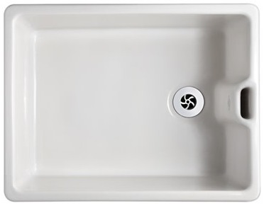 Rechteckiges weißes Spülbecken aus Keramik mit Abfluss und Überlauf Obere Ansicht eines rechteckigen weißen Keramikspülbeckens mit Abfluss und seitlichem Überlauf