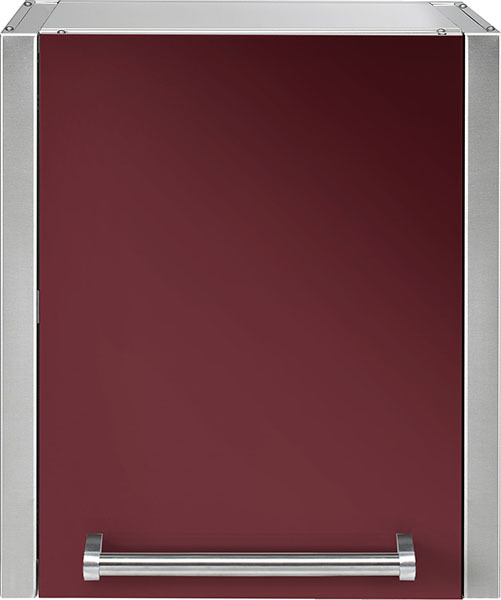 Edelstahltür mit bordeauxroter Front und Metallgriff für Einbauküche Moderne Einbauschranktür mit bordeauxroter Oberfläche und silbernem Metallgriff, ideal für Küchenmöbel
