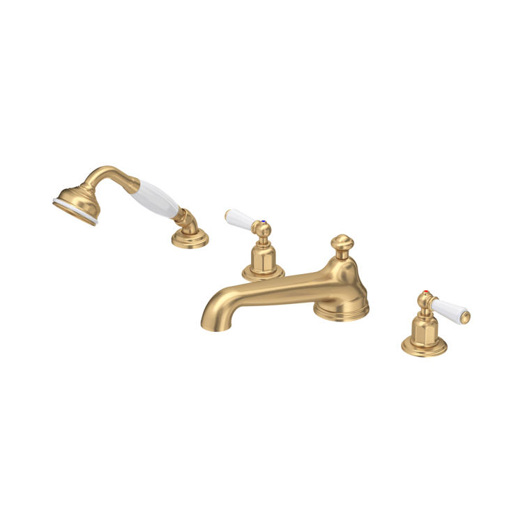 Perrin & Rowe Traditional 3737 4-Loch-Badewannenarmatur mit Hebelgriffen und Handbrause in Messing satiniert