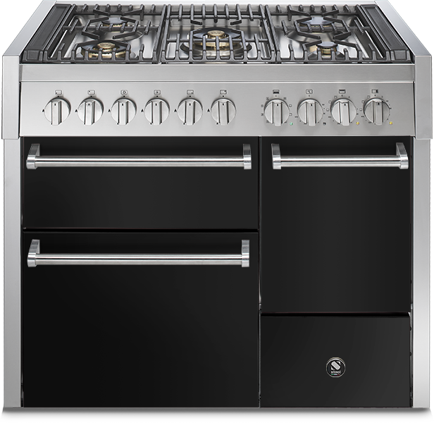 Moderner Gasherd aus Edelstahl mit sechs Gaskochfeldern und drei Backöfen, Front in elegantem Schwarz, geeignet für große Küchen