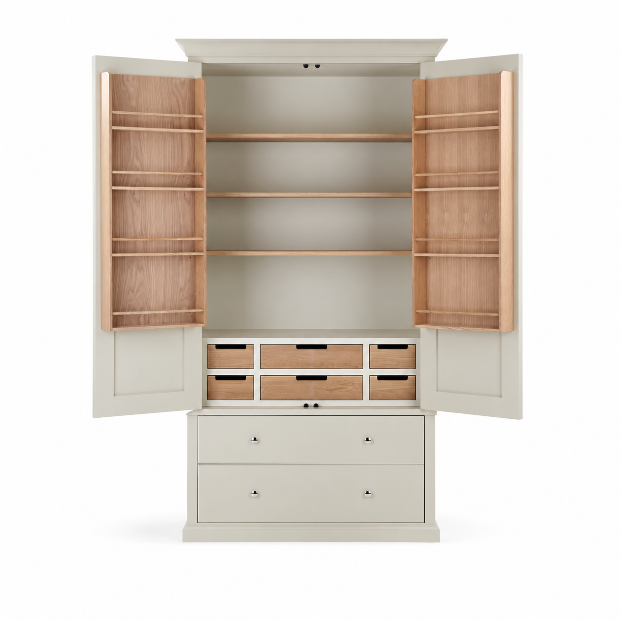 Offener Vorratsschrank Neptune Suffolk 1100 Full Height freistehend: lackierter Massivholz-Rahmen, Innenraum und Schubladen aus Eiche, verstellbare Einlegeböden, Türregale und große Auszüge – ideal für die Küche