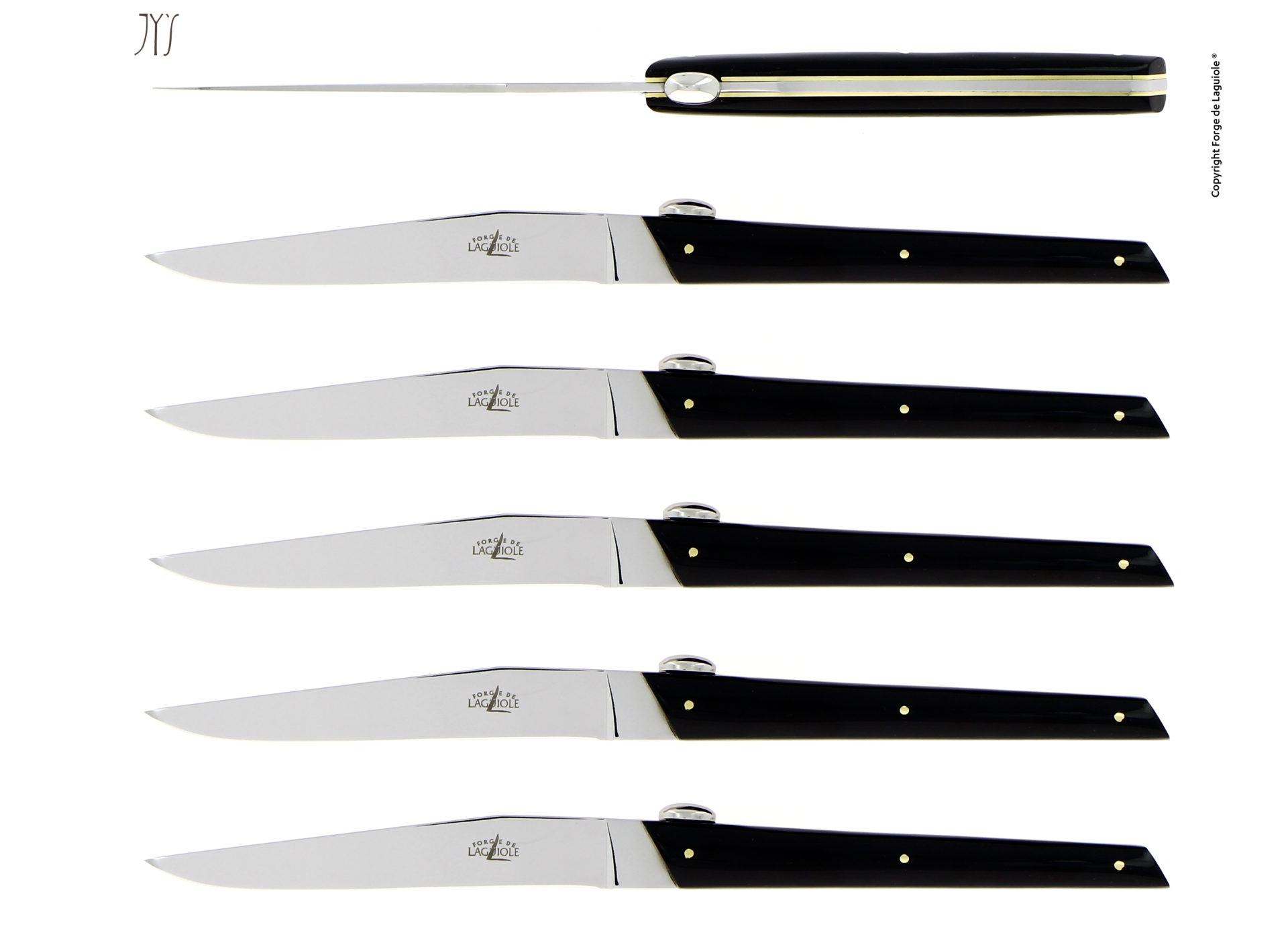 Laguiole Steakmesser Set mit schwarzen Griffen, 6-teilig – hochwertige Edelstahlmesser Sechs Steakmesser von Forge de Laguiole mit schwarzen Griffen, seitlich und von oben fotografiert, 6-teiliges Set