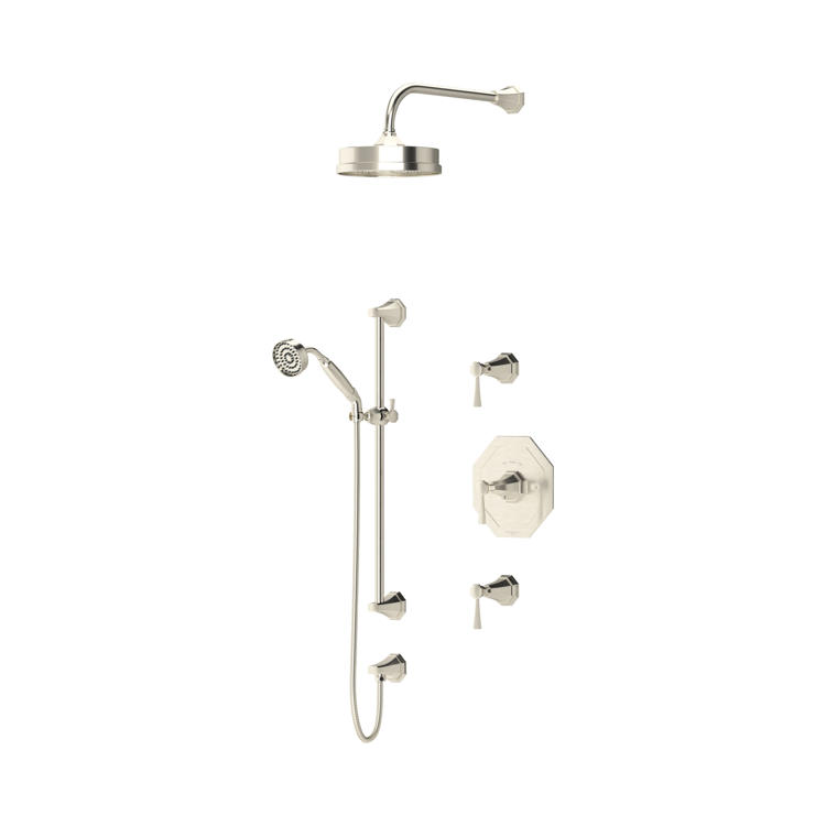 Komplettes Duschsystem aus gebürstetem Nickel mit großer Regendusche, Handbrause an Gleitschiene, Wandarm, Umsteller und Bediengriffen; elegantes Set für modernes Bad