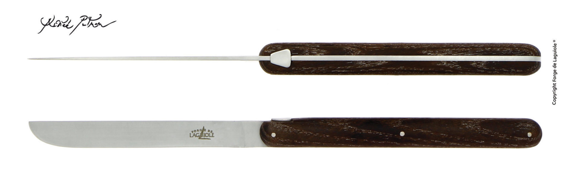 Laguiole Tafelmesser mit dunklem Holzgriff – handgefertigtes Messer für stilvolles Speisen Edles Laguiole Tafelmesser mit Holzgriff und Edelstahlklinge, seitlich und von oben abgebildet