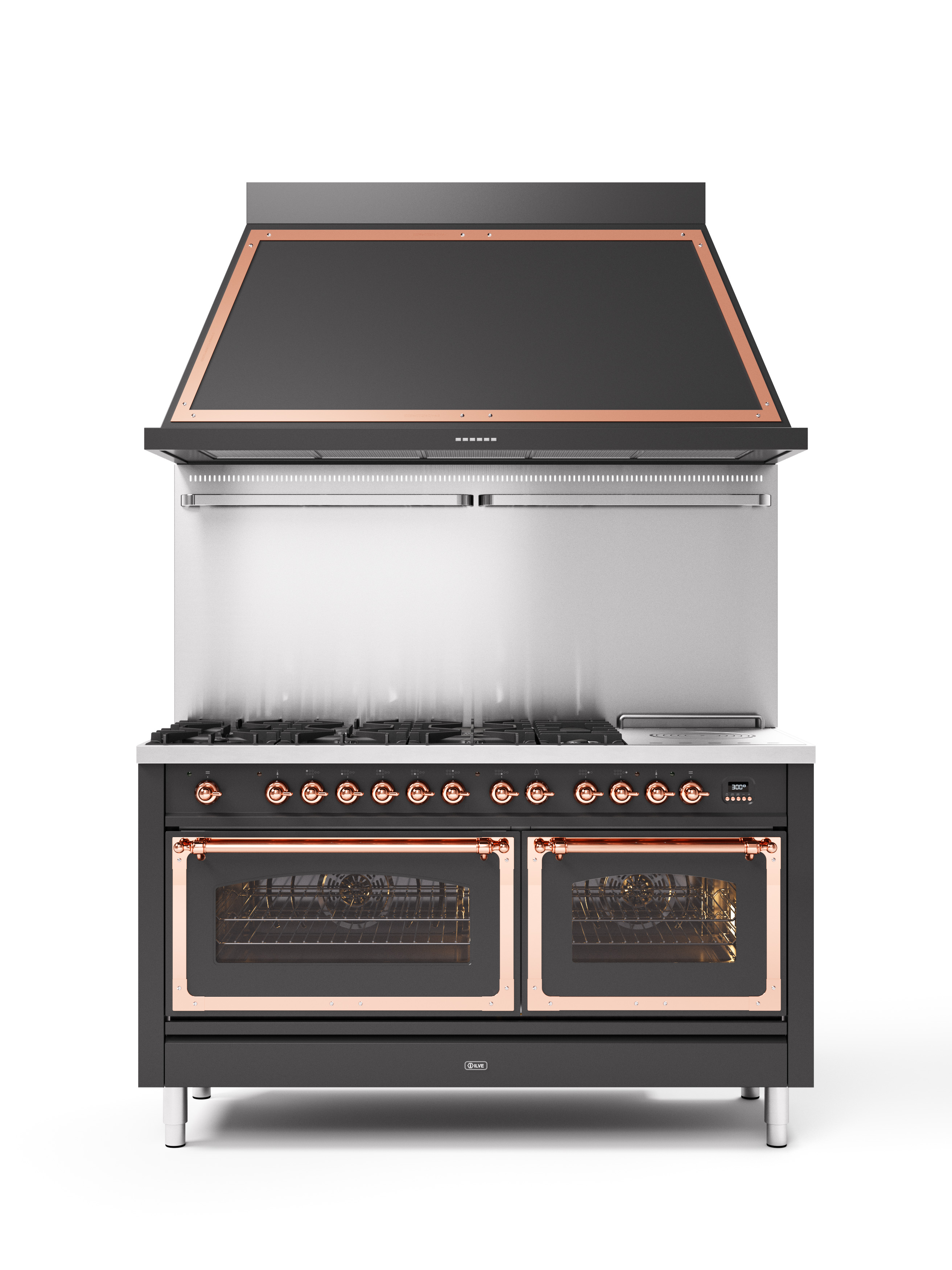 Professioneller Standherd mit Doppelfunktion und Dunstabzugshaube in Schwarz und Kupfer Großer Standherd mit zwei Backöfen, neun Drehknöpfen, Gasherd und Dunstabzugshaube in Schwarz mit kupferfarbenen Akzenten