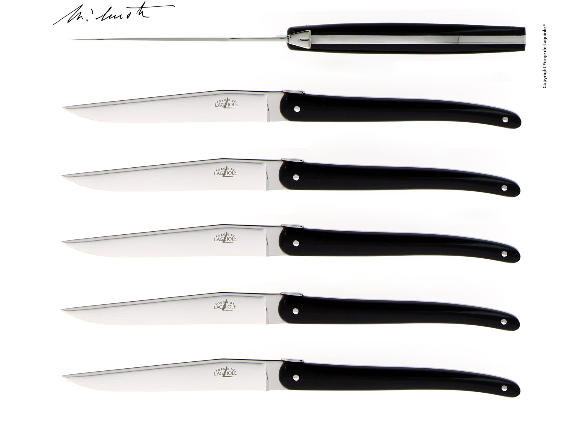 Laguiole Steakmesser Set mit schwarzen Griffen, 6-teilig – Elegante Tafelmesser für Fleischgerichte Sechs hochwertige Steakmesser der Marke Laguiole mit schwarzen Griffen, nebeneinander auf weißem Hintergrund angeordnet.