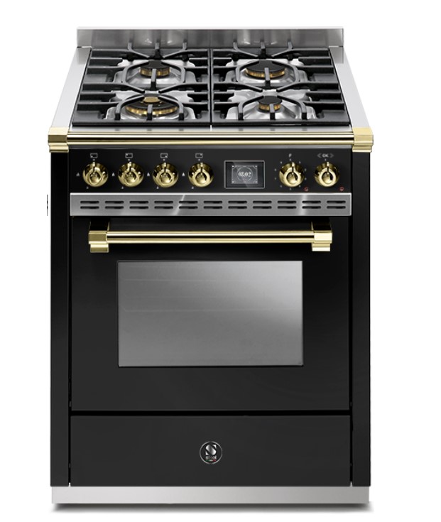 Eleganter Gasherd mit vier Kochfeldern, Backofen und goldfarbenen Bedienelementen, ideal für die moderne Küche