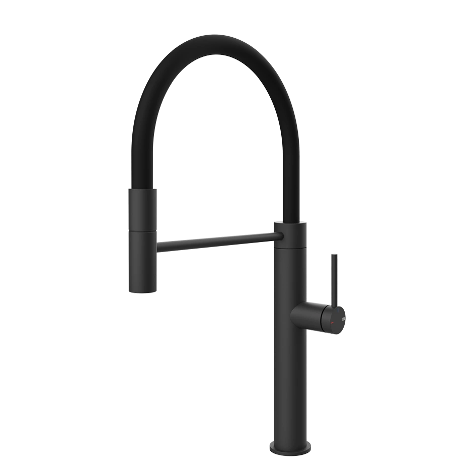 Moderne Küchenarmatur schwarz matt, hoher Bogen, Brause