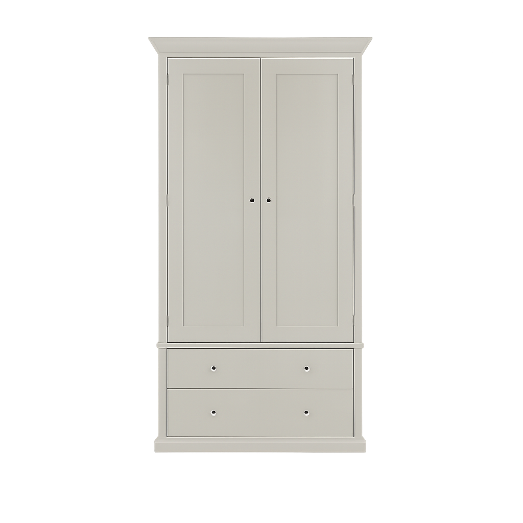 Weißer Kleiderschrank mit Doppeltüren und zwei Schubladen unten, minimalistisches Design für das Schlafzimmer