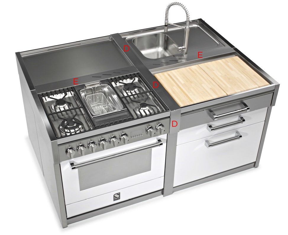 Moderne Edelstahl-Küchenzeile mit Gasherd, Backofen, Spüle und Schneidebrett Kompakte Küchenzeile aus Edelstahl mit Gasherd, großem Backofen, Spüle mit Armatur und integriertem Holz-Schneidebrett