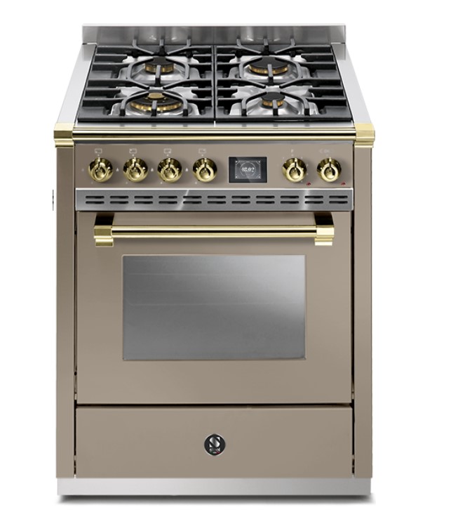 Freistehender Edelstahl-Gasherd mit Backofen und goldenen Bedienelementen, 5 Kochfelder Moderner freistehender Gasherd aus Edelstahl mit fünf Kochfeldern, Backofen und goldfarbenen Griffen, frontal fotografiert