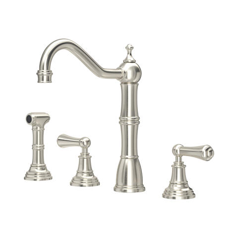 Küchenarmatur-Set in gebürstetem Nickel, klassischer hoher Schwenkauslauf, zwei Griffe für Warm/Kalt und separate Seitenbrause, 4-Loch-Montage – ideal für Landhausküchen und Spülbecken