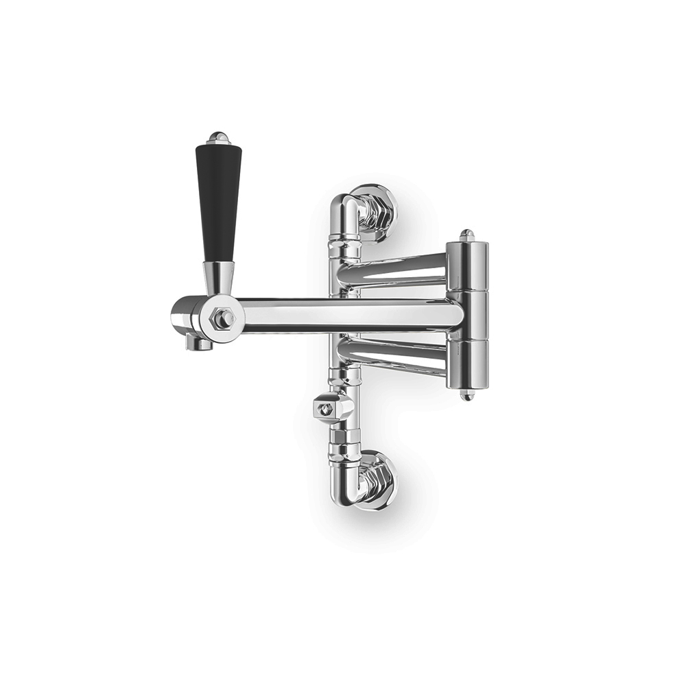 Wandarm Wasserhahn aus verchromtem Metall mit schwarzem Griff für die Küche Verchromter Wandarm Wasserhahn mit schwenkbaren Gelenken und schwarzem Griff, ideal für Küchen oder Hauswirtschaftsräume