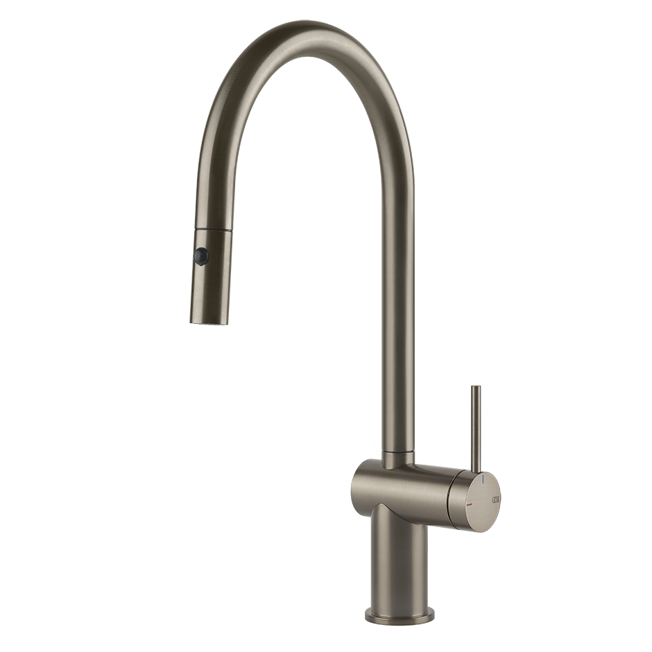 Hohe Küchenarmatur, gebogener Auslauf, Edelstahl