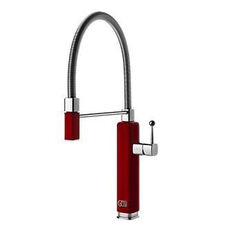 Moderne Küchenarmatur in Rot und Silber mit flexiblem Auslauf Design-Küchenarmatur in Rot und Silber mit flexiblem, hohem Auslauf