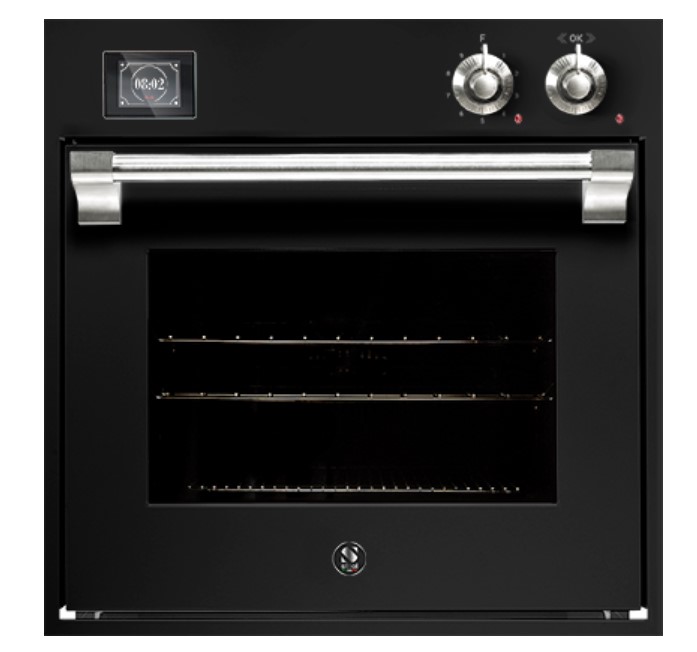 Schwarzer Einbaubackofen mit Edelstahlgriff, digitaler Uhr und zwei Bedienknöpfen, Sichtfenster und mehreren Einschubebenen