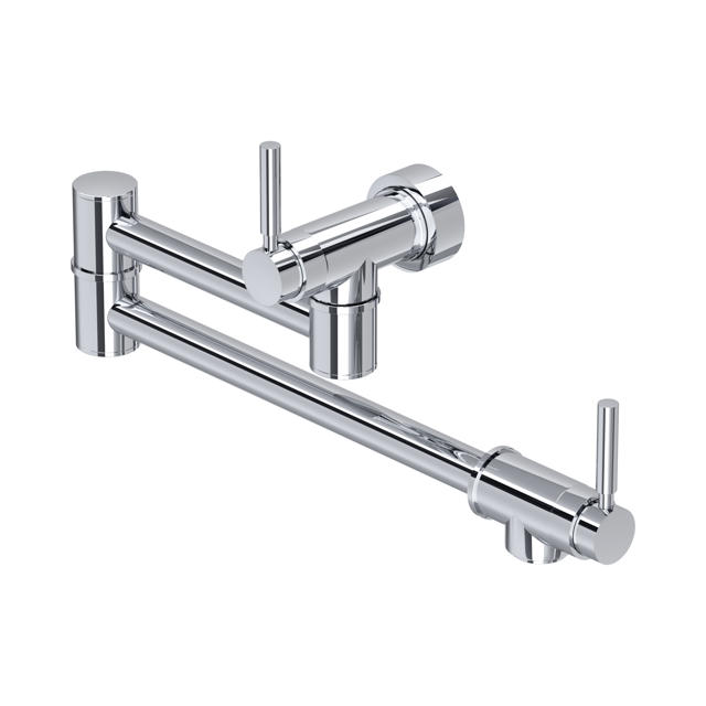 Chrom-Wandarmatur mit doppelt schwenkbarem Ausleger und zwei Hebeln; Potfiller für die Küche, platzsparend an der Wand montiert, ideal zum Befüllen von Töpfen am Kochfeld