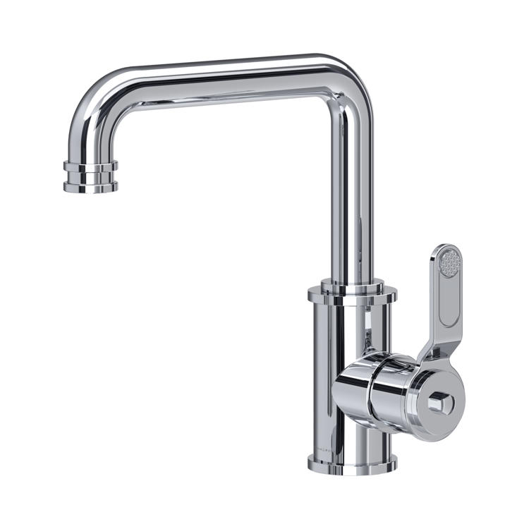 Hochglänzende Küchenarmatur aus Chrom mit eckigem L-Auslauf und seitlichem Einhebelmischer, ideal für Spülbecken in moderner Küche