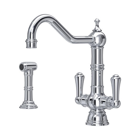 Chrom Küchenarmatur im klassischen Stil mit zwei Griffen, hohem Schwenkauslauf und separater Spülbrause; robuste Messingarmatur für die Küche, 2-Loch-Montage