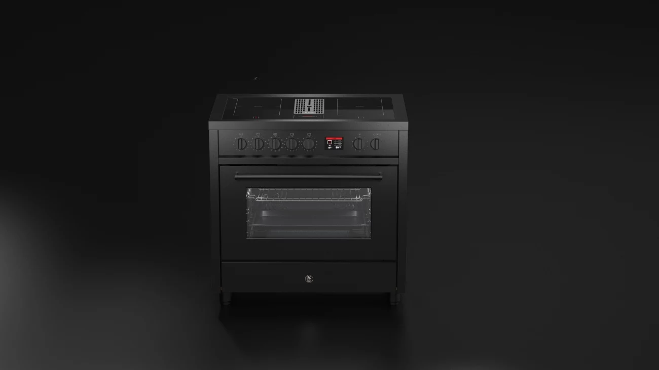 Schwarzer moderner Elektroherd mit Backofen und Induktionskochfeld in minimalistischem Design Schwarzer Elektroherd mit integriertem Backofen und Induktionskochfeld, freistehend vor dunklem Hintergrund