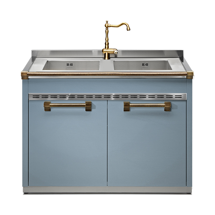 Küchenunterschrank mit Doppelspüle und goldener Armatur, hellblau – modernes Design Moderner hellblauer Küchenunterschrank mit zwei Edelstahlspülen und goldener Armatur, ideal für stilvolle Küchen