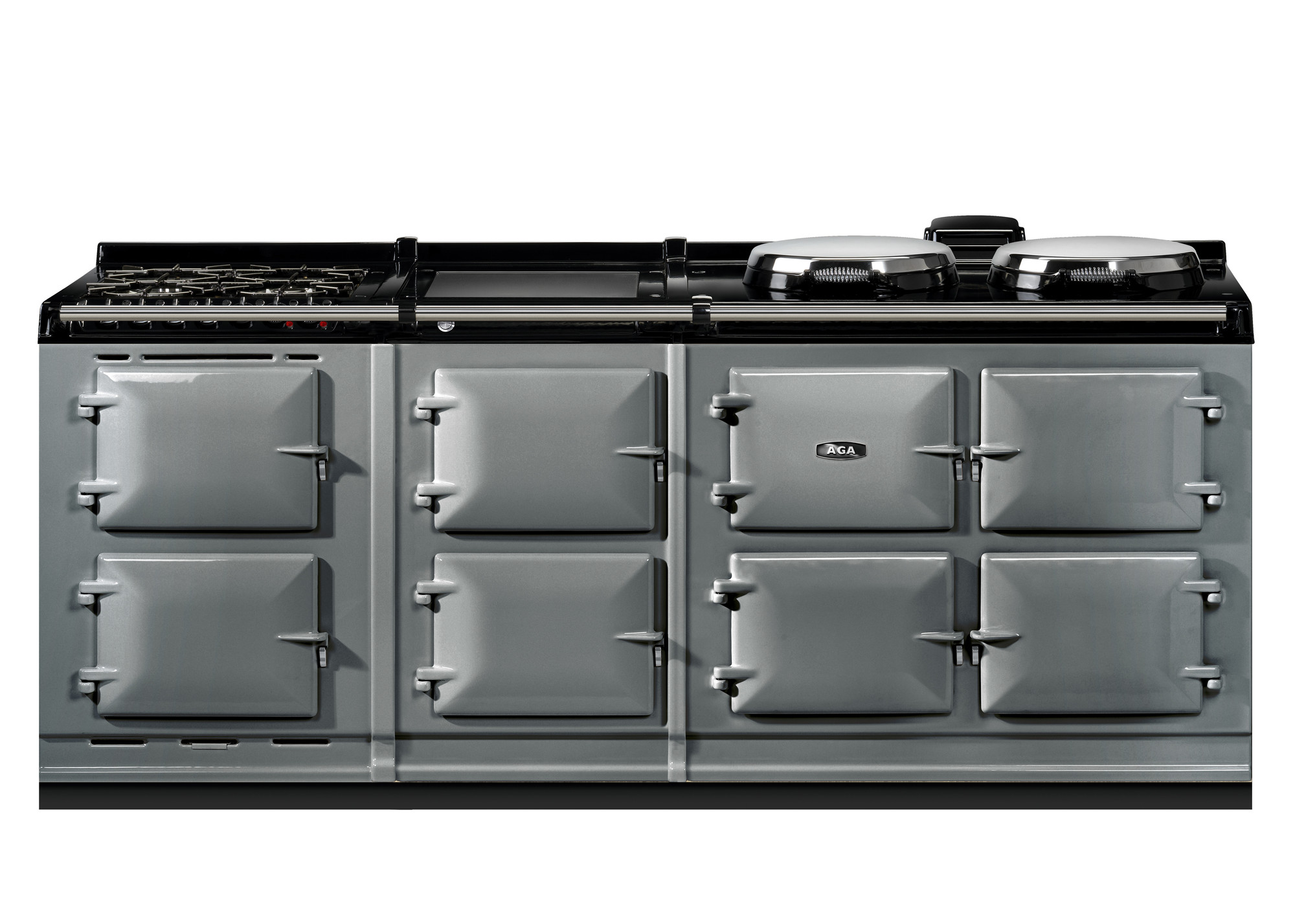 Grauer AGA Standherd mit mehreren Backofenklappen und Kochfeldern, ideal für große Küchen und anspruchsvolles Kochen