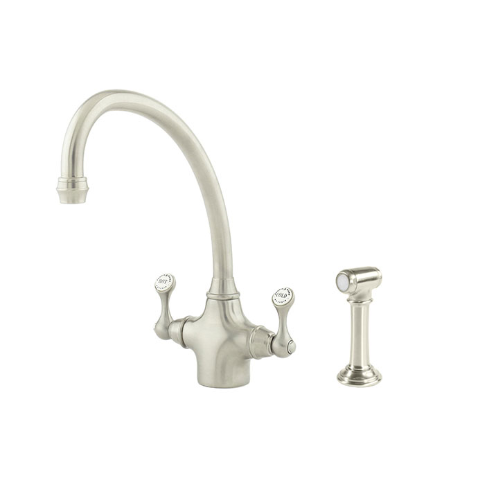 Küchenarmatur im klassischen Design mit zwei Griffen und separatem Sprühkopf, gebürstetes Edelstahl-Finish Zweigriff-Küchenarmatur aus Edelstahl mit hohem Auslauf und separatem Handbrause-Sprühkopf, ideal für traditionelle Küchen