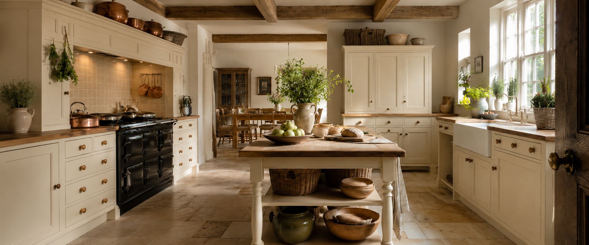 Helle Landhausküche mit Holz-Kücheninsel, gusseisernem Herd, Kupfertöpfen und Keramikspüle am Fenster – Produktfoto für klassische Küchenmöbel, Stauraum und Arbeitsplatten aus Holz