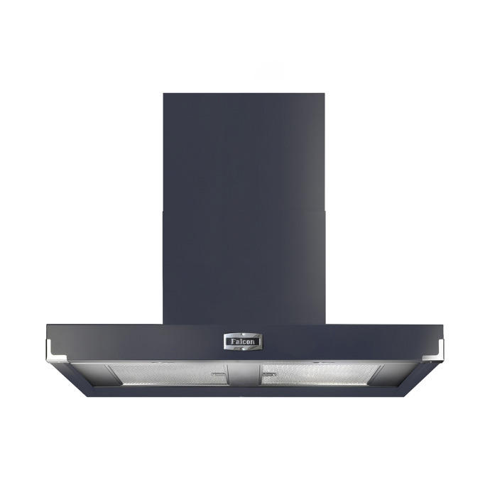 Falcon Dunstabzugshaube in Schwarz, moderne Wandhaube für die Küche Schwarze Falcon Dunstabzugshaube mit Edelstahlfiltern, frontale Ansicht