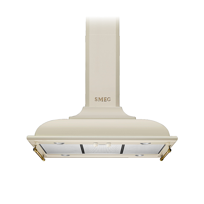 SMEG Dunstabzugshaube im Retro-Stil, cremefarben, Wandmontage, hochwertige Metallausführung Frontansicht einer cremefarbenen SMEG Dunstabzugshaube im Retro-Design zur Wandmontage mit Metall und goldfarbenen Details