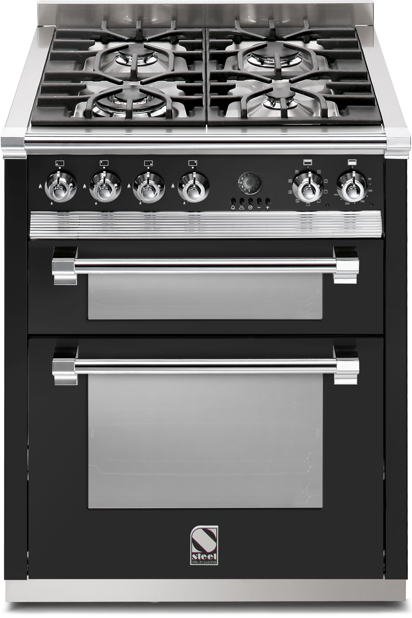 Steel Gas-Standherd, 4 Brenner, Doppelbackofen, schwarz