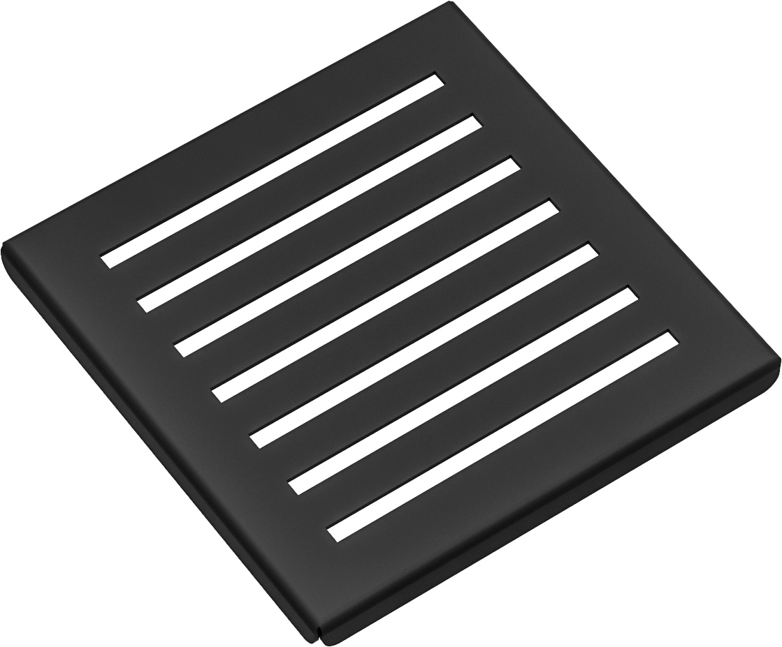 Quadratische schwarze Duschablaufabdeckung mit Längsschlitzen aus Metall Schwarze, quadratische Abdeckung für Duschabläufe mit mehreren parallelen Schlitzen
