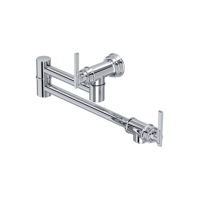 Chrom-Wandarmatur Topffüller mit Doppelschwenkarm und zwei Hebeln; platzsparende Küchenarmatur zum Befüllen von Töpfen am Herd; langlebige, leicht zu reinigende Oberfläche