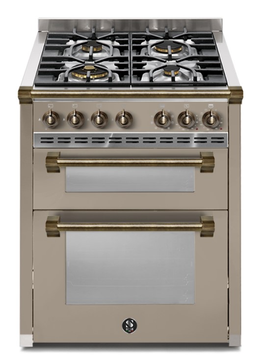 Gasherd freistehend mit vier Kochfeldern und zwei Backöfen, Edelstahl und beige Front, moderne Bedienelemente