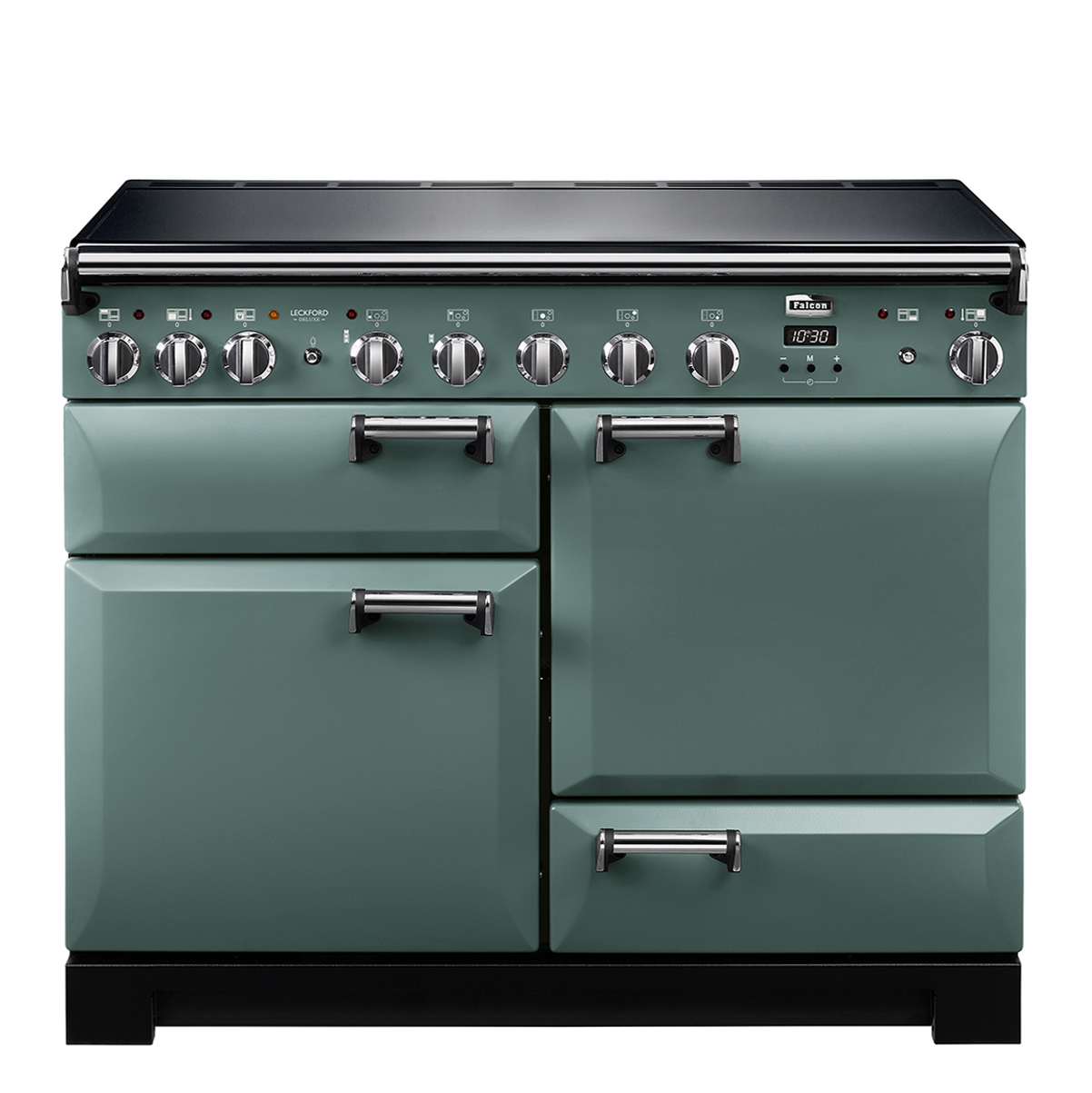Grüner Falcon Standherd mit drei Backofentüren und diversen Bedienelementen, geeignet für große Küchen