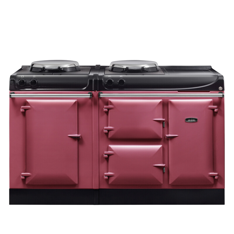 AGA Herd in Pink – Klassischer Gusseisen-Standherd mit mehreren Back- und Kochfächern Pinkfarbener AGA Herd mit mehreren Türen und zwei Kochplatten, klassisches Design für die Küche